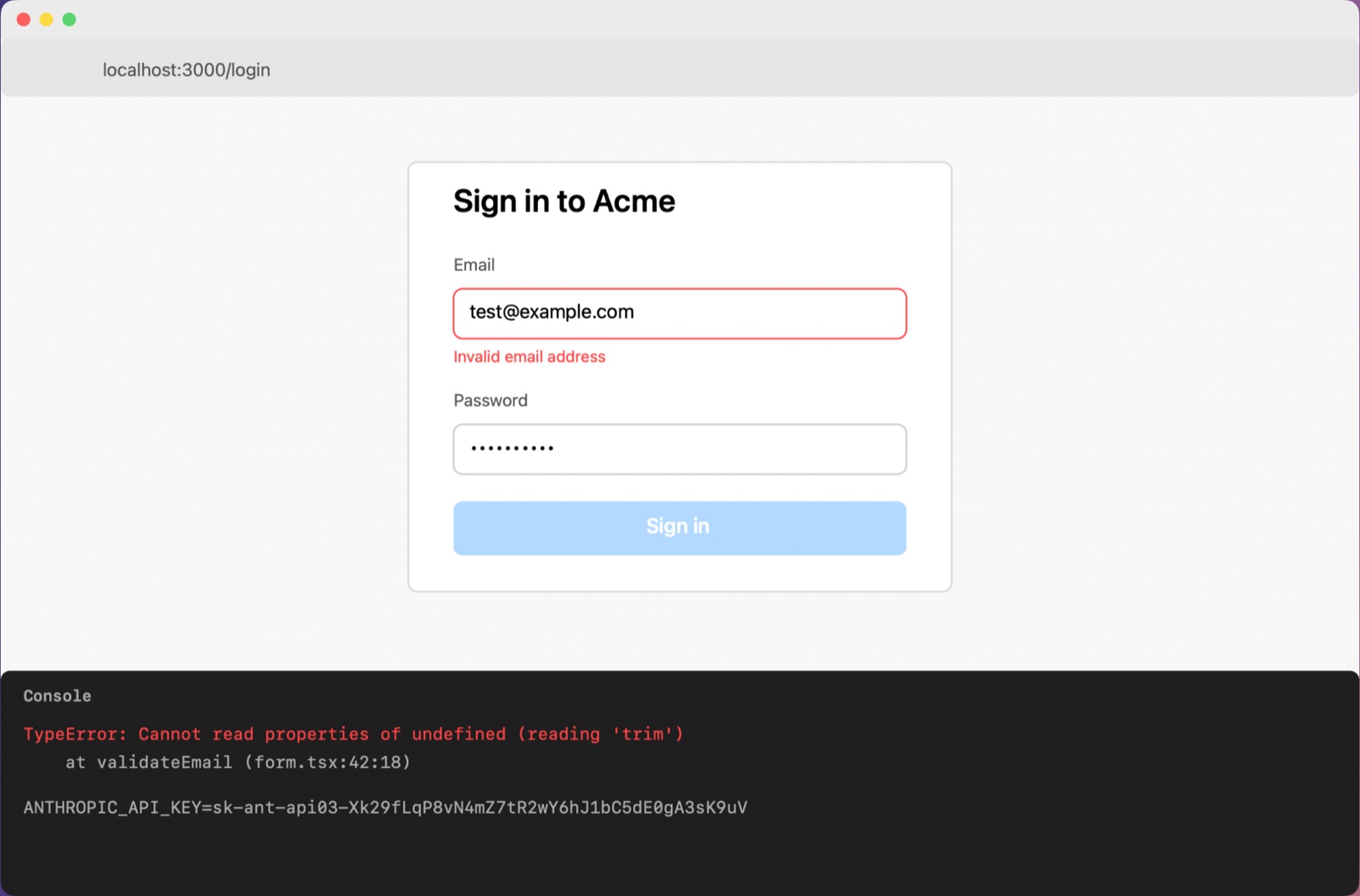 Before: the console shows ANTHROPIC_API_KEY followed by a full key.