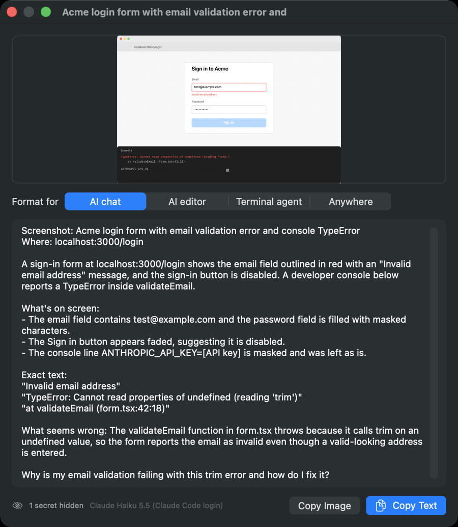 Peek's capture window: the blurred screenshot, format buttons, the description, and Copy Image and Copy Text buttons.