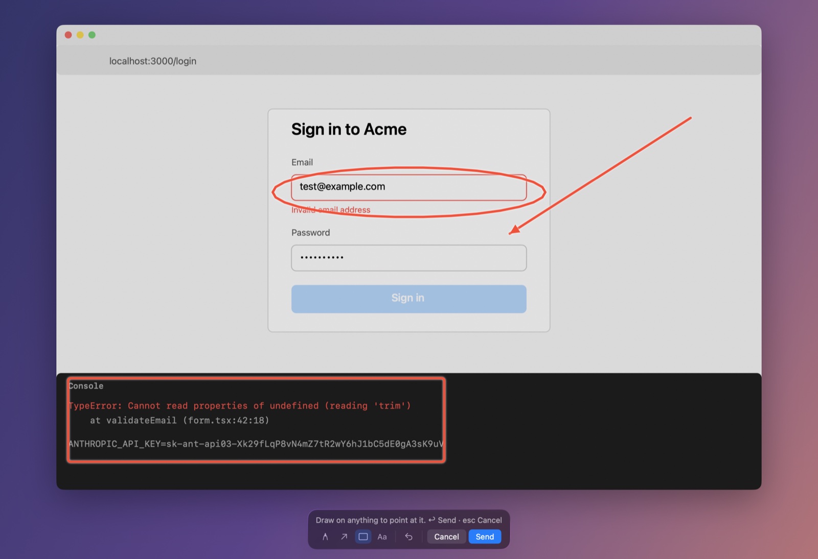 Point and Talk: a circle around the email field, an arrow, a box around the console, and the drawing toolbar at the bottom.